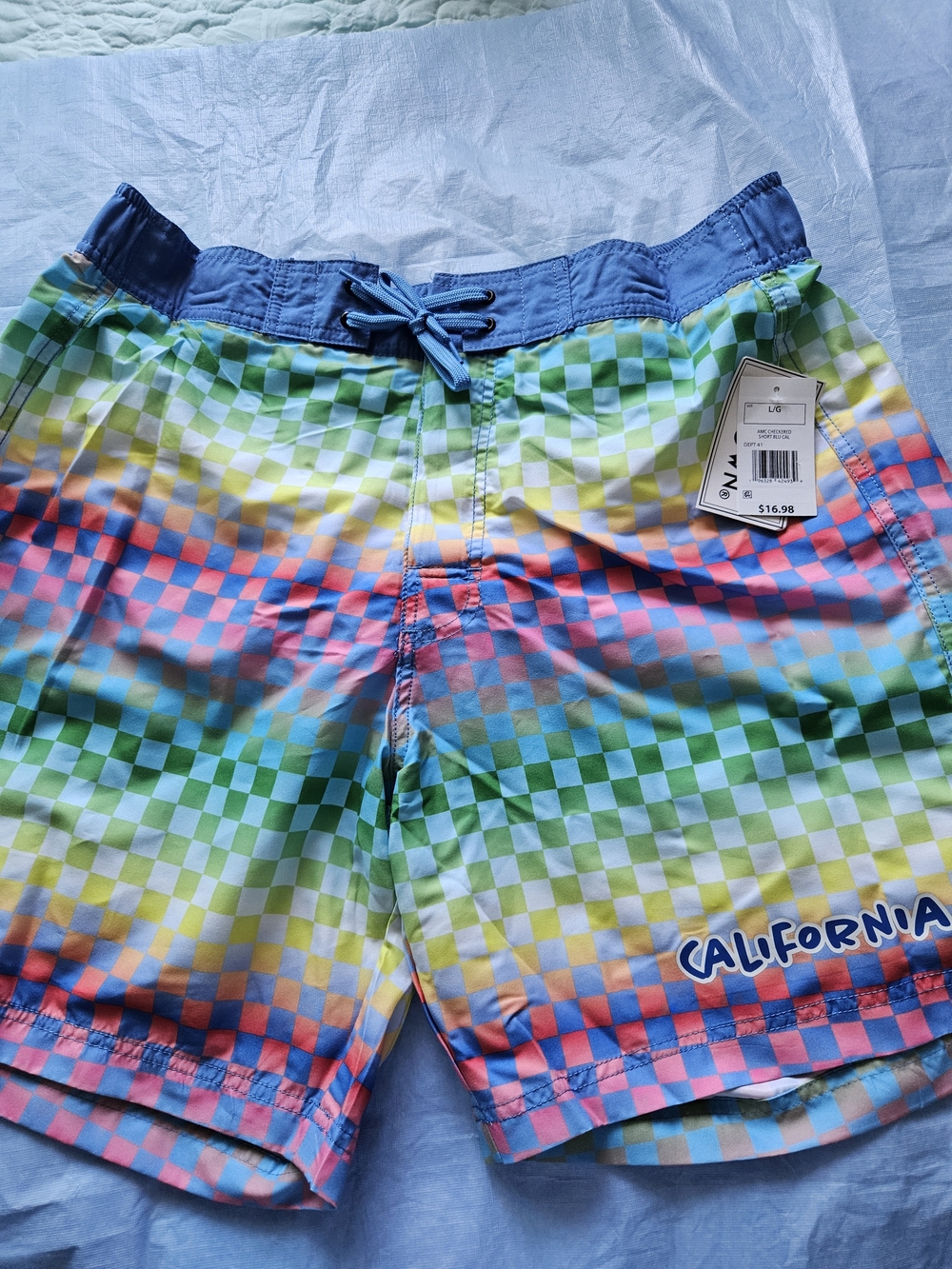 California Men's Multicolor Check Swim Trunks - Blue Waistband